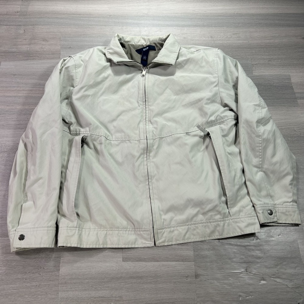 VTG Gap Jacket Mens Large Beige Canvas Harrington Full Zip Lined Pockets Casual